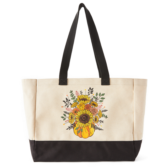 Life is Good Fall Pumpkin Flowers Cotton Canvas Tote