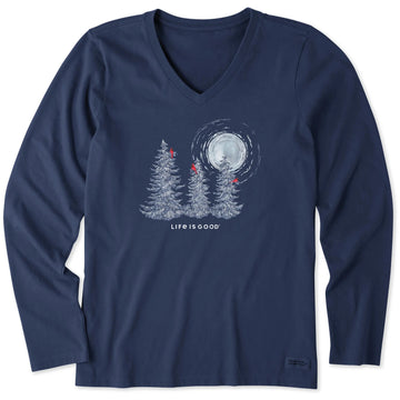 Life is Good Women's Snowy Pines with Cardinals Long Sleeve Crusher Vee
