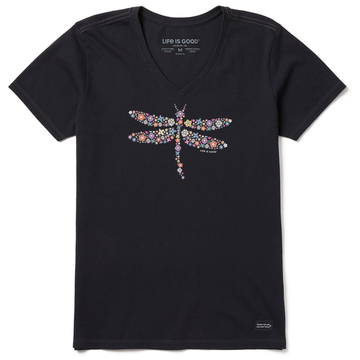 Life is Good Women's Dragonfly Flowers Short Sleeve Vee