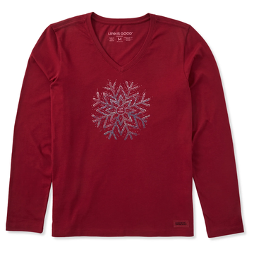 Life is Good Women's Sparkle Snowflake Long Sleeve Crusher Lite Vee