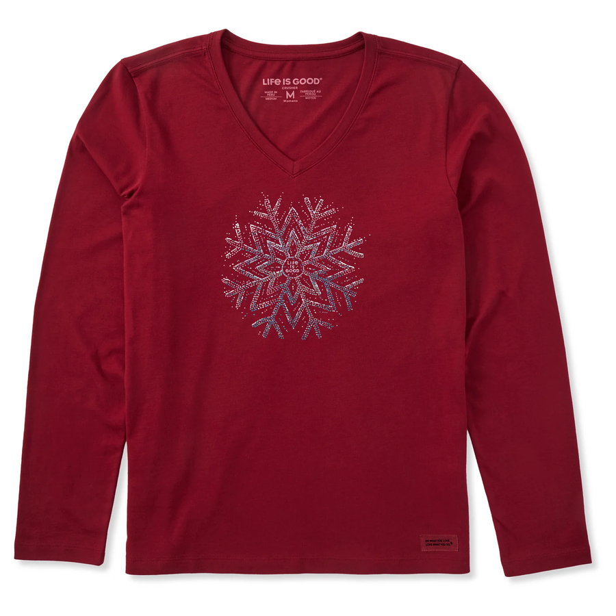 Life is Good Women's Sparkle Snowflake Long Sleeve Crusher Lite Vee