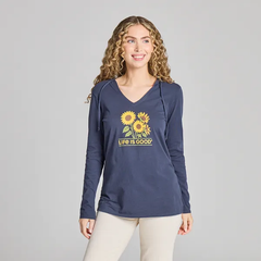 Life is Good Women's Sunflower Long Sleeve Crusher Lite Hooded Tee