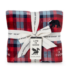 Life is Good Santa Bear Plaid Plush Throw Blanket