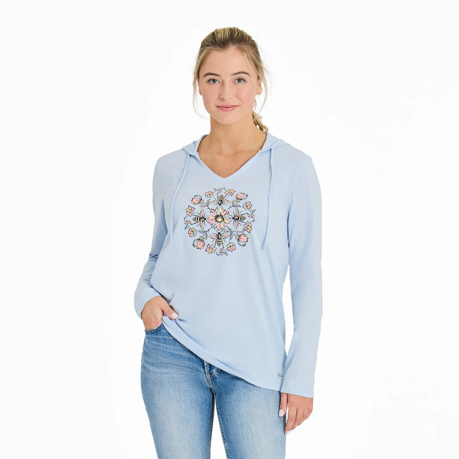Life is Good Women's Floral Bee Mandala Long Sleeve Crusher Lite Hooded Tee