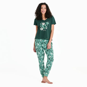 Life is Good Women's Woodblock Floral and Bird Pattern Snuggle Up Sleep Jogger