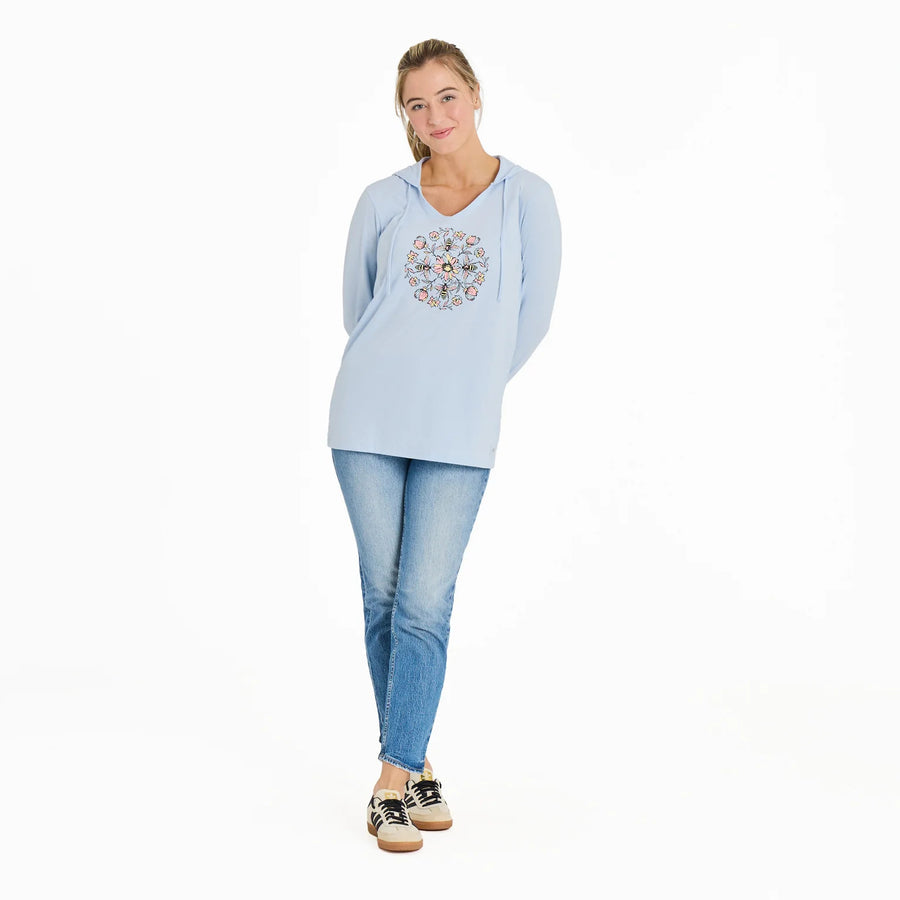 Life is Good Women's Floral Bee Mandala Long Sleeve Crusher Lite Hooded Tee
