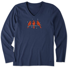 Life is Good Women's Three Cardinals in Winter Long Sleeve Crusher Vee