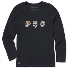 Life is Good Women's Three Floral Skulls Long Sleeve Crusher Vee