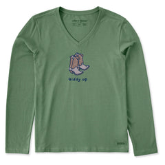 Life is Good Women's Giddy Up Cowboy Boots Long Sleeve Crusher Vee