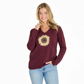 Life is Good Women's Detailed Sunflower Long Sleeve Crusher Hooded Lite Tee
