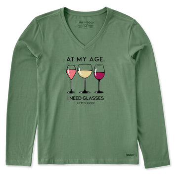Life is Good Women's I Need Glasses Wine Long Sleeve Crusher Vee