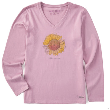 Life is Good Women's Hello Sunshine Sunflower Long Sleeve Crusher Lite Vee