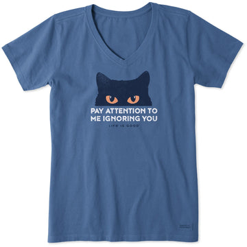 Life is Good Women's Pay Attention Cat Eyes Short Sleeve Crusher Lite Vee