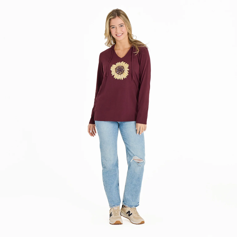 Life is Good Women's Detailed Sunflower Long Sleeve Crusher Hooded Lite Tee