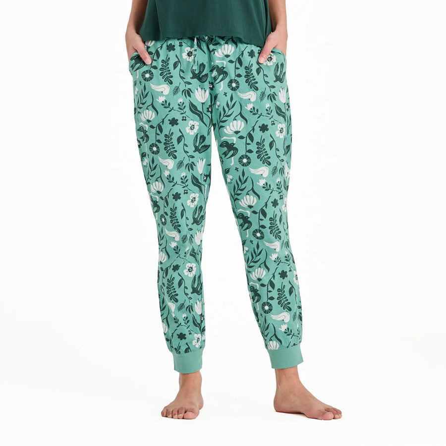 Life is Good Women's Woodblock Floral and Bird Pattern Snuggle Up Sleep Jogger