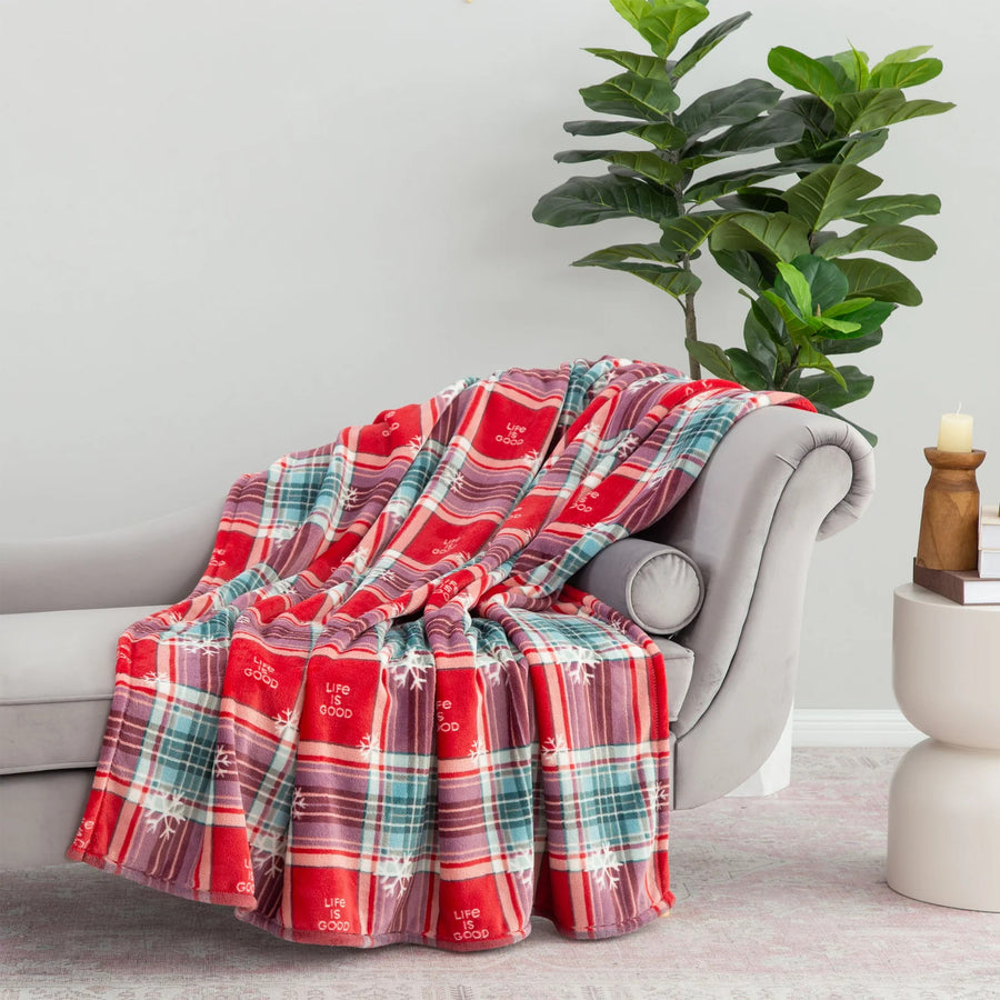 Life is Good Snowflake Plaid Plush Throw Blanket
