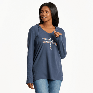 Life is Good Women's Hooded Crusher Lite Tee Dragonfly Flowers